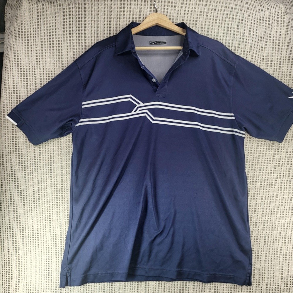 Callaway Polo‎ Shirt Mens XL Blue White Striped Golf Performance Short Sleeve